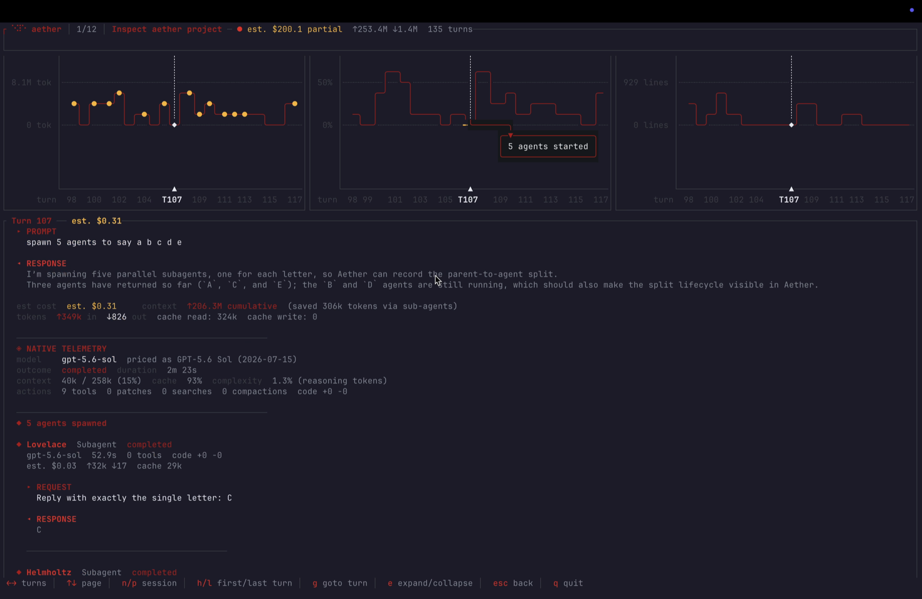 Aether showing Codex sub-agents and their work inside a parent coding session